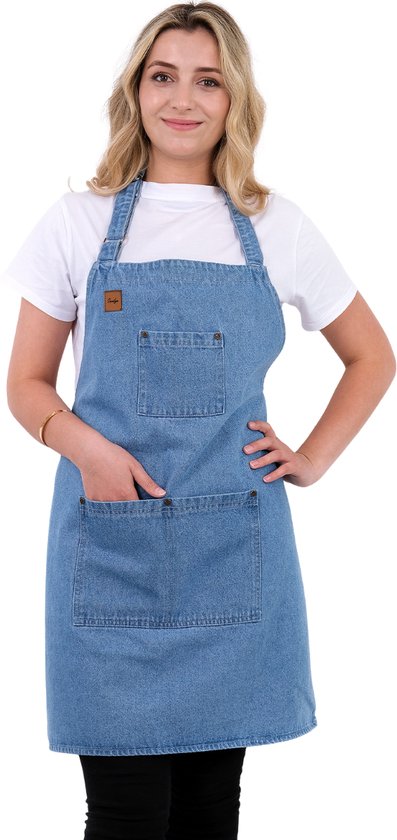 Sevilya Denim Keukenschort Jeans - Schort met drie zakken - Verstelbare Nekband - Keukenschort dames - voor vrouwen Spijkerstof