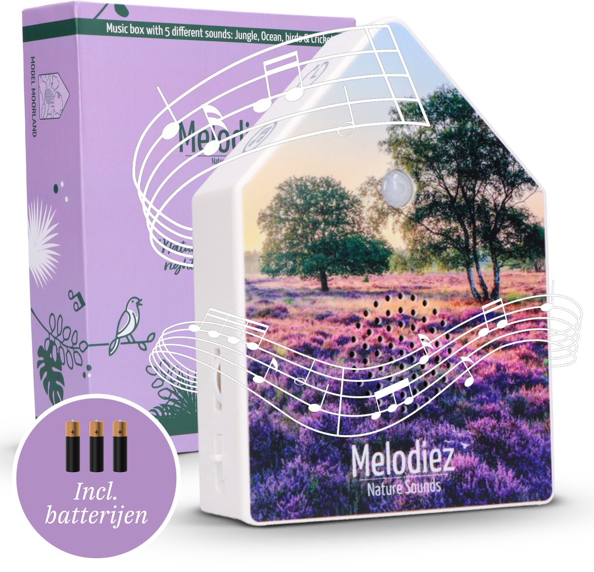 Melodiez Vogelhuisje Met Geluid - Box Incl. Batterijen en 5 Natuurlijke Vogel, Oceaan, krekel en Jungle geluiden - Vogelgeluiden Huisje Voor op Toilet - Vogelgeluiden Huisje met Sensor - Lavender Dawn