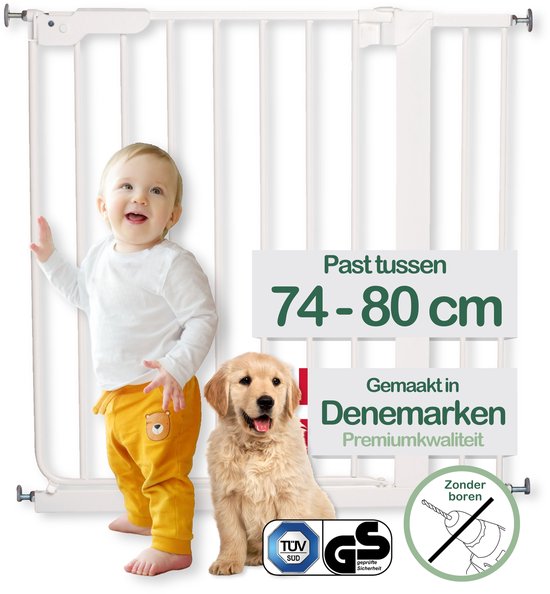 TULIP traphekje 74 t/m 80 cm – klembevestiging (zonder boren) – opent beide kanten – wit – gemaakt in Denemarken