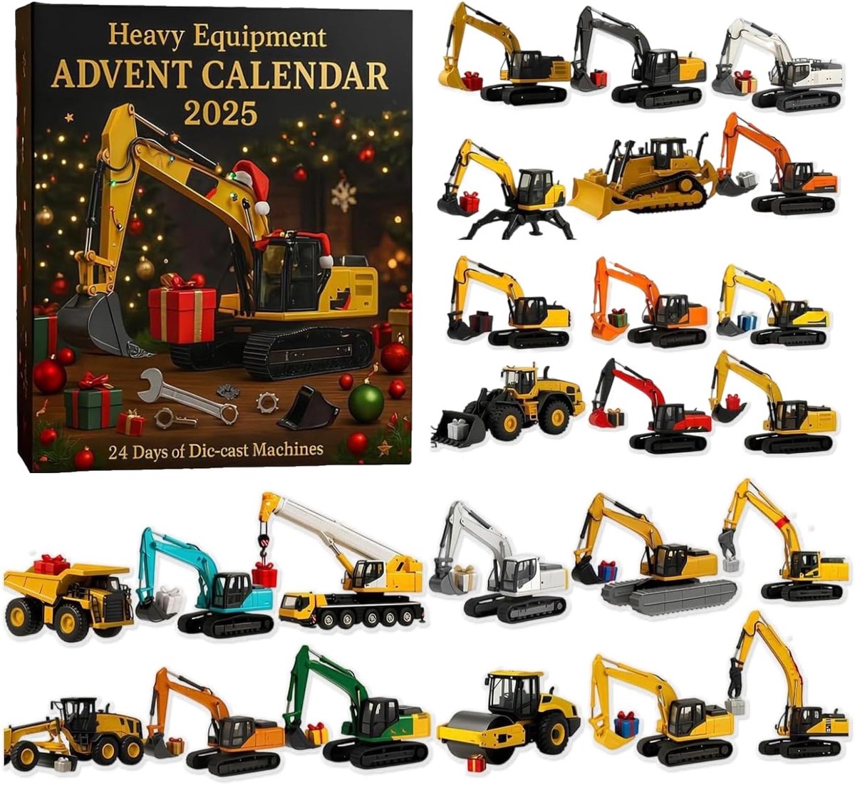 Adventskalender voor zwaar materieel 2025 - 24 modellen spuitgietmachines - 24-daagse kerstadventskalender - 2D plat