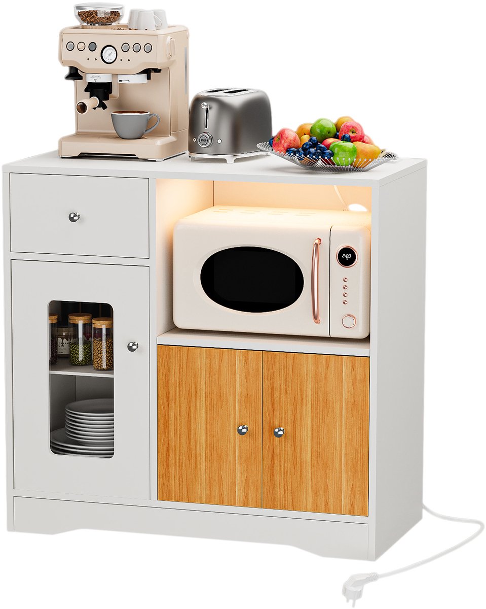 kast - houten hoekkast - met oplaadstation - 2 wisselstroomstopcontacten/2 USB-aansluitingen - 1 lade - 2 deuren, met magnetronrek - ingebouwde verlichting - geschikt voor de keuken en de woonkamer - wit en bruin