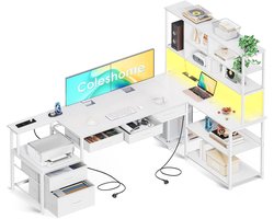 Elite Hoekbureau met 5 Lades en 4 Planken – L-vormig Bureau met LED-verlichting, Stopcontacten & USB-aansluitingen – Groot Thuiswerk Bureau 180x100cm – Wit Modern Design Novihome