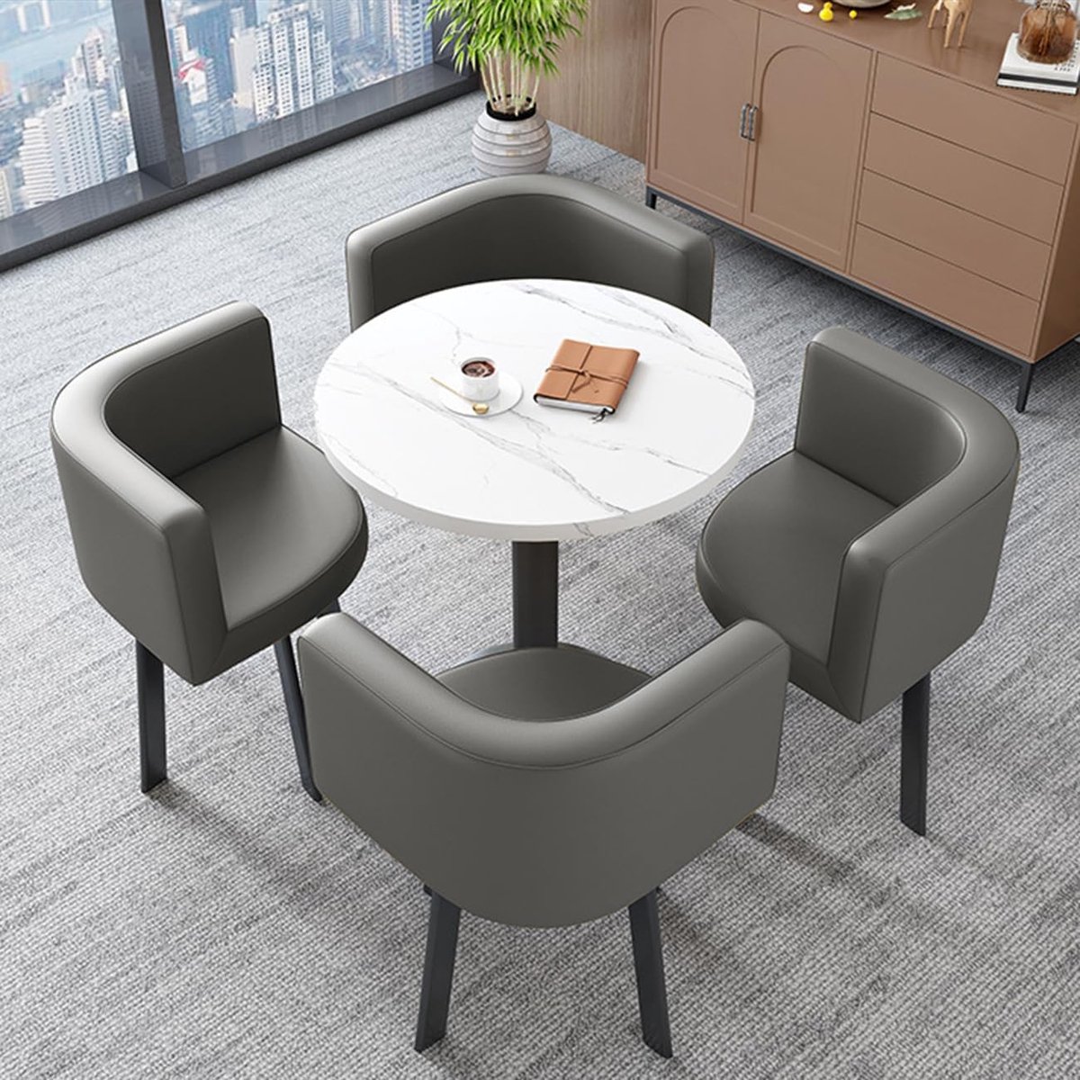 Luxe Ronde Keuken- en Vergadertafelset – 5-delige Tafel en Stoelen Combinatie van Hout & Staal – 60x75 cm Tafel + 4 Stoelen – Geschikt voor Eetkamer, Kantoor, Café of Receptie – Novihome