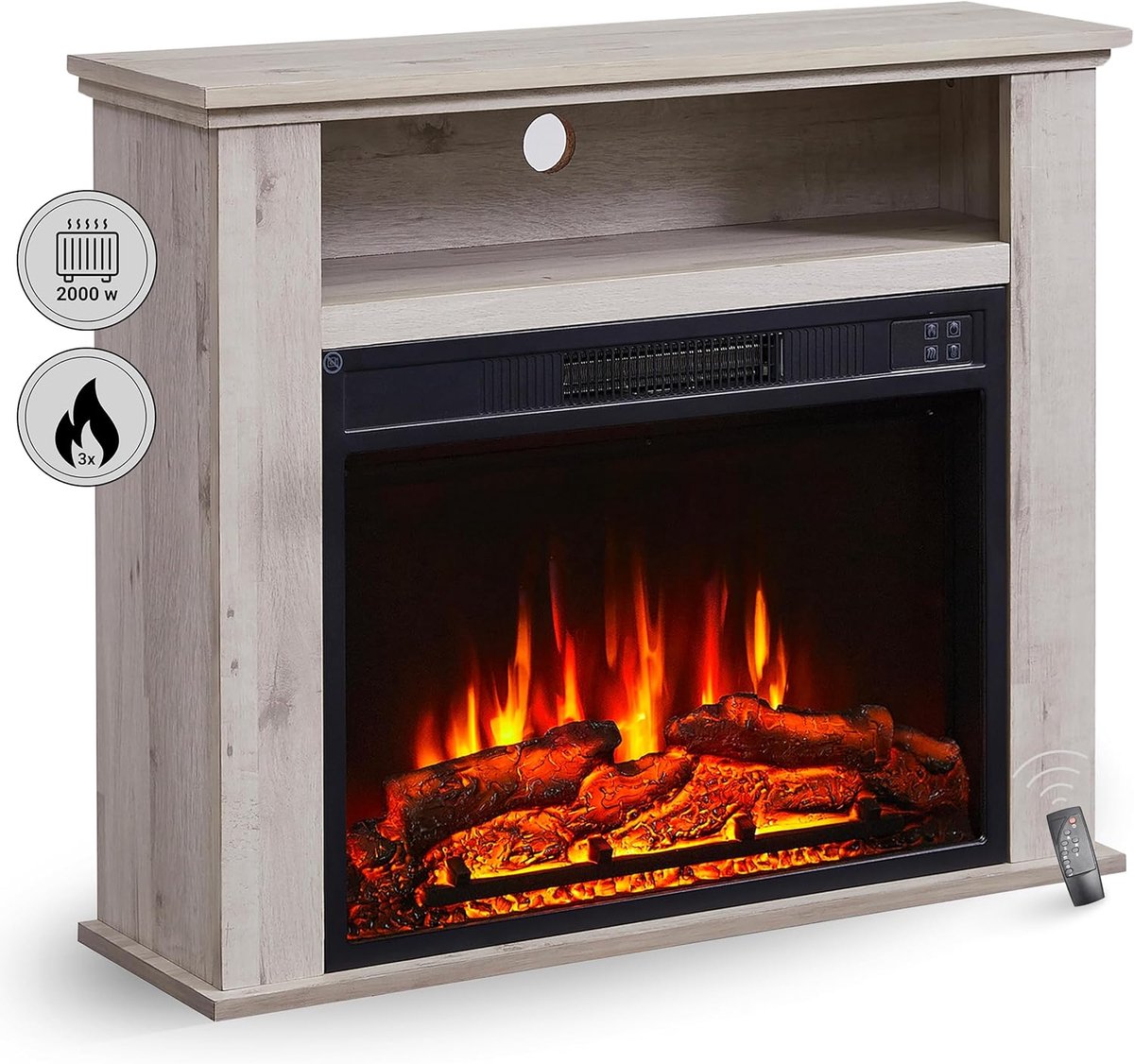 Elektrische open haard Novihome Aurora Luxe – 3D-vlameffect, 2000W verwarming, afstandsbediening, timer, thermostaat & oververhittingsbeveiliging – vrijstaand haardmeubel met opbergvak – modern grijs eiken design