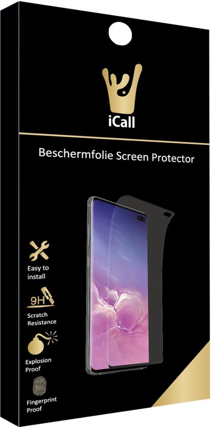 Een iCall schermprotector verpakking met een Samsung telefoon.
