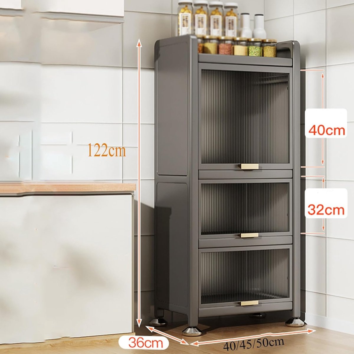 Smalle Keukenkast “Siena Compact” 40 cm – 4-Lagen Opbergkast met Deuren, Magnetronstandaard & Legplanken – Ruimtebesparend Keukenrek van Staal & Acryl – Modern Zwart Design – Novihome