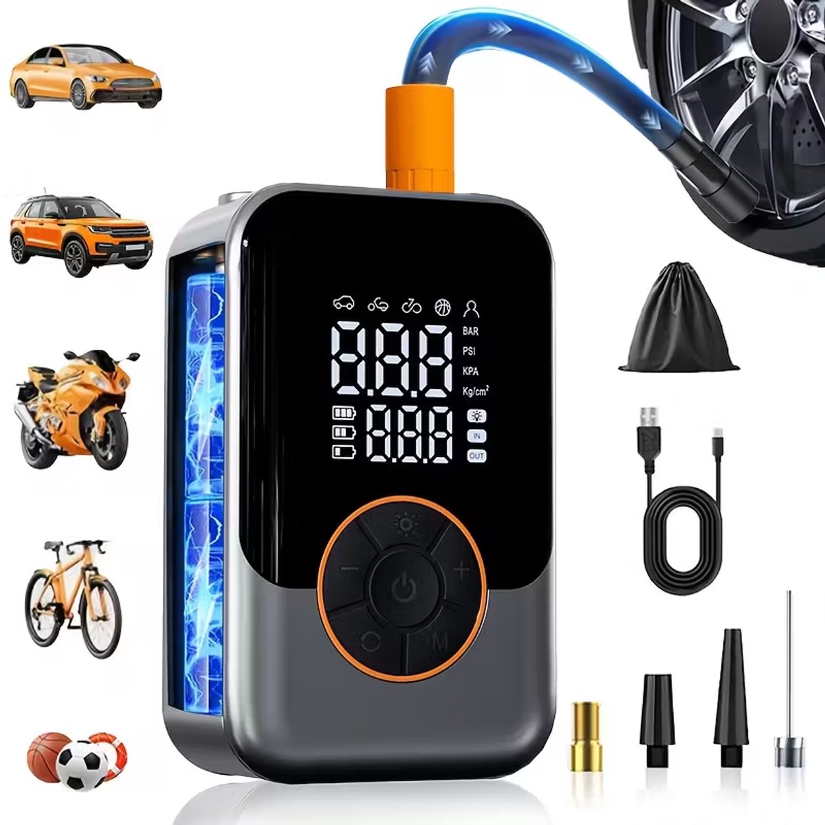 SWGOTA Draagbare Draadloze Luchtcompressor Bandenpomp - Met Digitale Drukmeter, Nood-LED Verlichting, 4x Snelle Accu | Uitgerust met Oplaadbare Batterij | Digital Display Autopompen voor Auto's, Motoren, Fietsen en Sportballen, Autobandenpomp