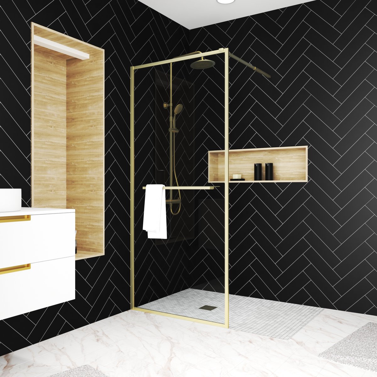 Paroi de Douche Or Doré Brossé 90x200cm - Porte-Serviette et Etagère