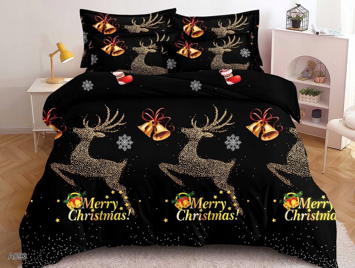 Image of 3D Kerst Dekbedovertrek Katoen Satijn 160x200cm Gouden Rendieren