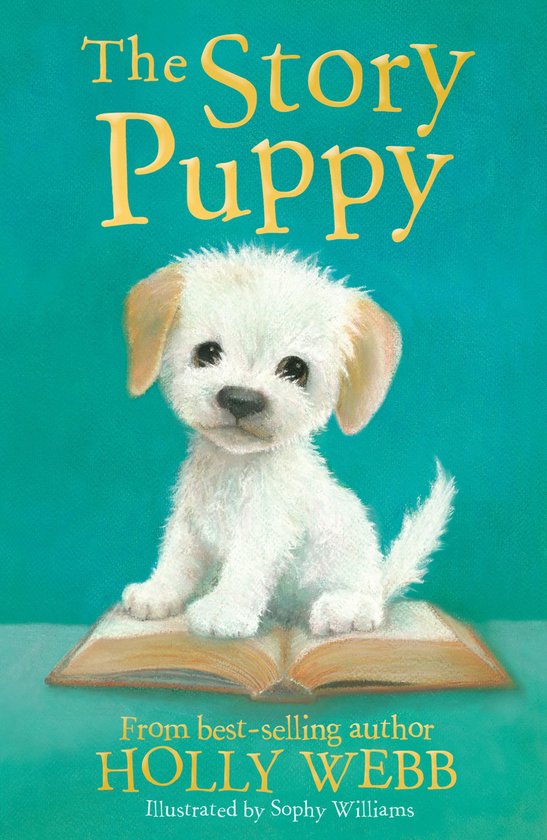 Een witte puppy zit op een open boek, met de titel 'The Story Puppy' erboven.