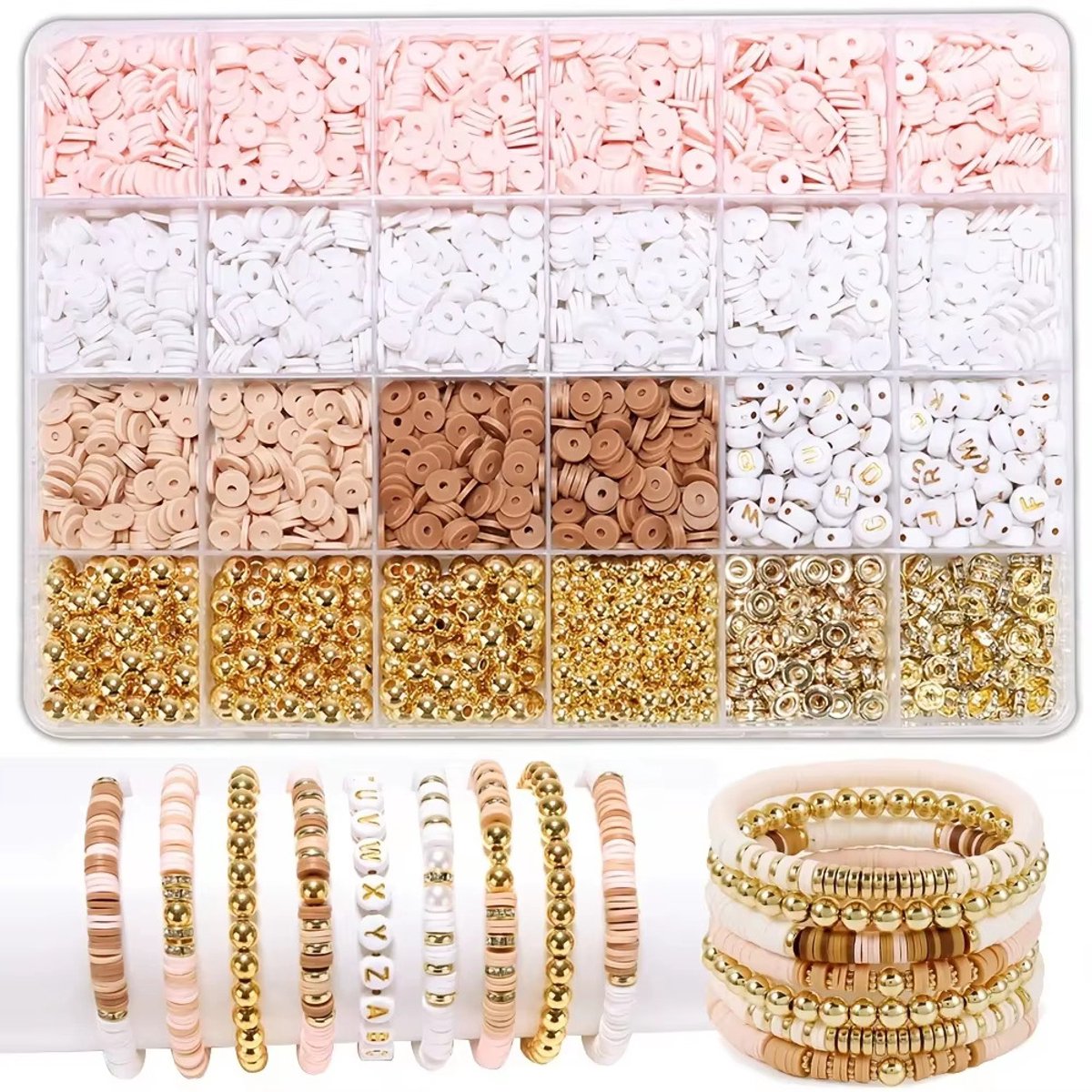 Sieraden Maken Set - Hobby kralen set - 2340 stuks - Armband Maken Set Roze & Beige – Polymer Clay Beads Sieraden Kit met Gouden (Letter)kralen - Inclusief draad - Kralenset voor Eigen Armbandjes