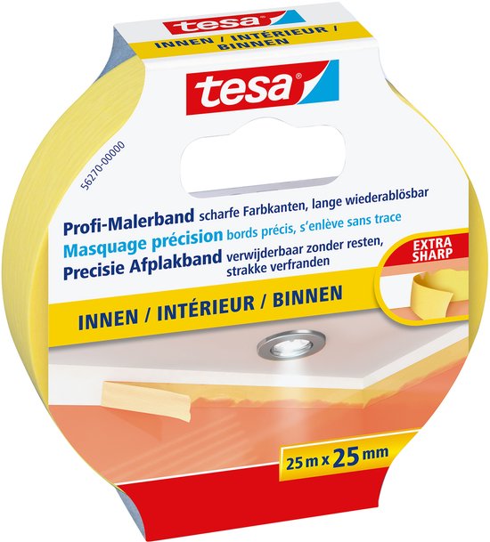 Tesa Profi-Malerband binnengebruik, 25m x 25mm, gele tape voor scherpe verflijnen.