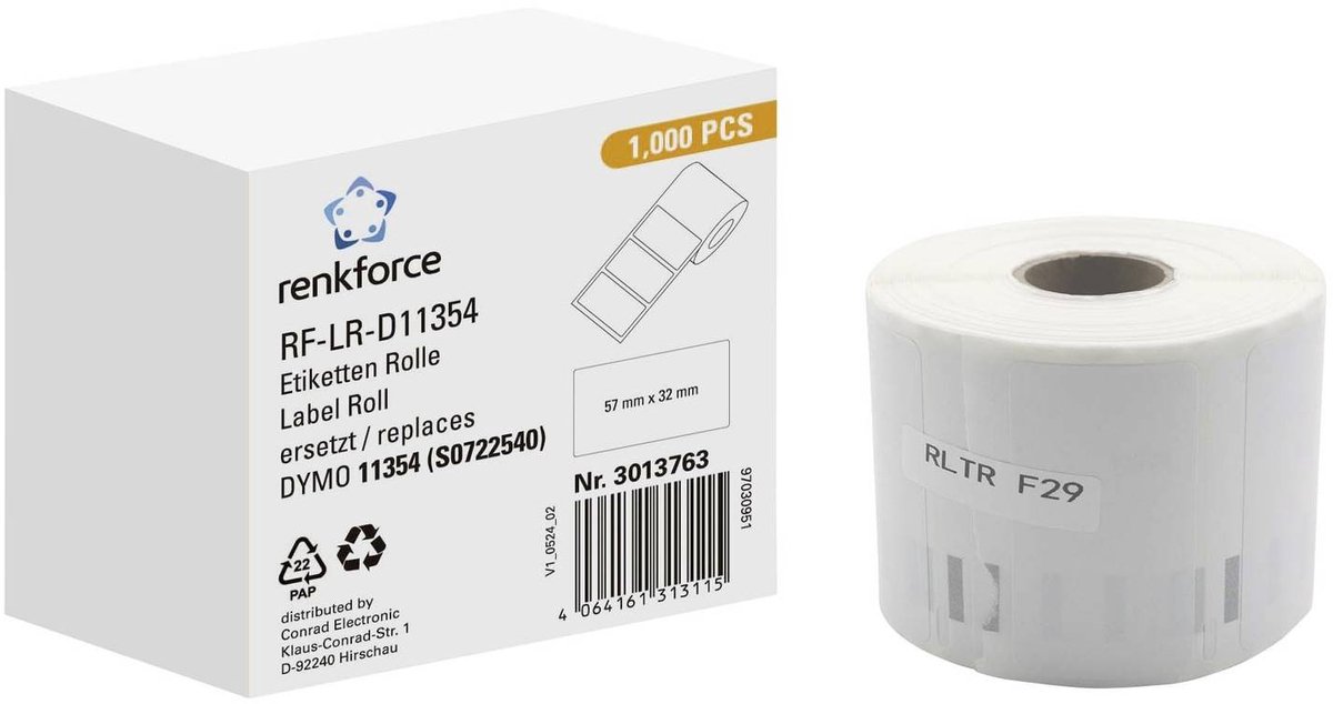Renkforce RF-6027526, Wit, Zelfklevend printerlabel, Doorlopend etiket, Rol, Papier, Direct thermisch