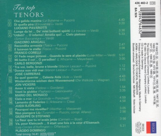 CD-hoes met een tracklist voor 'Ten Top Tenors' met namen van zangers zoals Pavarotti en Domingo.