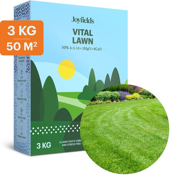 Joyfields Vital Lawn - Gazonmest met kalk - 3 kg voor 50 m² - Versterkt het gazon - Minder mos en onkruid - Neutraliseert de pH-waarde van de bodem