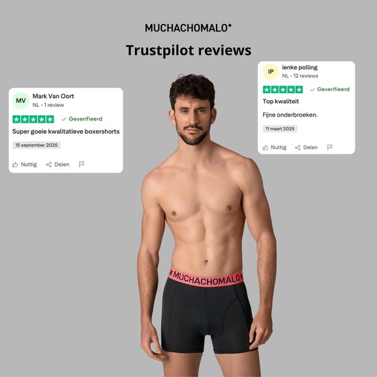 Man met donker haar draagt zwarte Muchachomalo boxershorts met roze band. Reviews over de boxershorts.