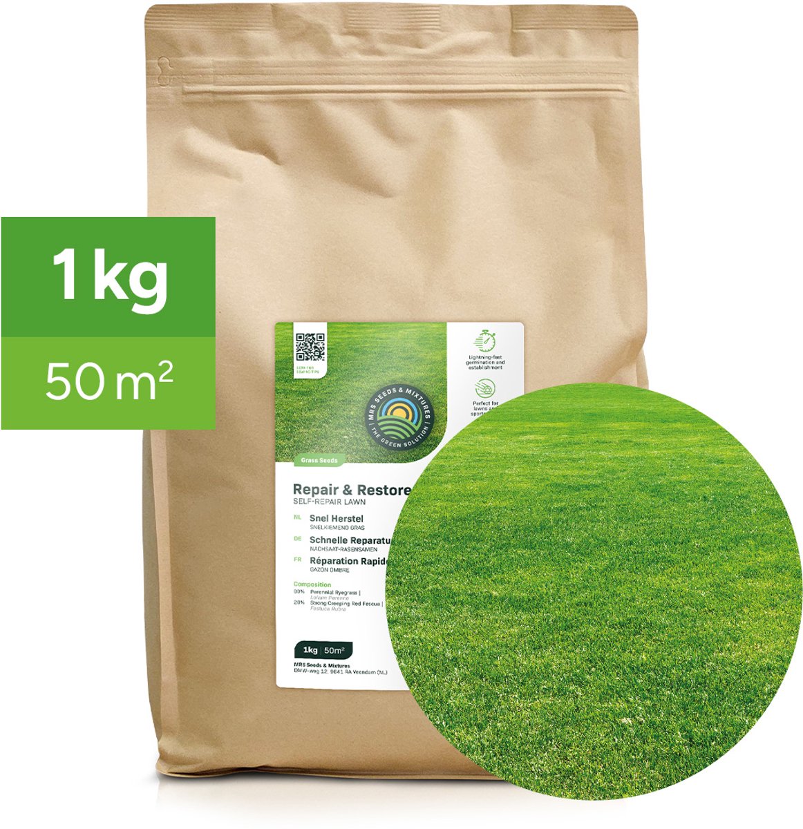MRS Repair & Restore - Snelkiemend Graszaad Gazonherstel - 1 kg voor 50 m² - Voor doorzaai en herstel - Vormt een sterke zode - Geschikt voor elke bodem - NAK-gecertificeerd