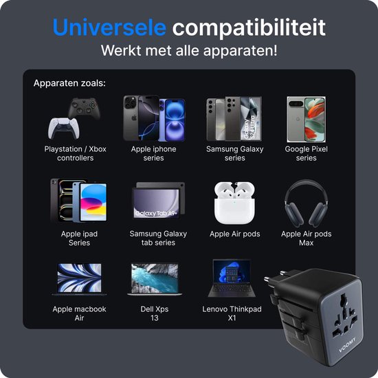 Illustratie van diverse apparaten die compatibel zijn met de reisstekker: controllers, iPhones, Samsung Galaxy, Google Pixel, iPads, AirPods en MacBooks.