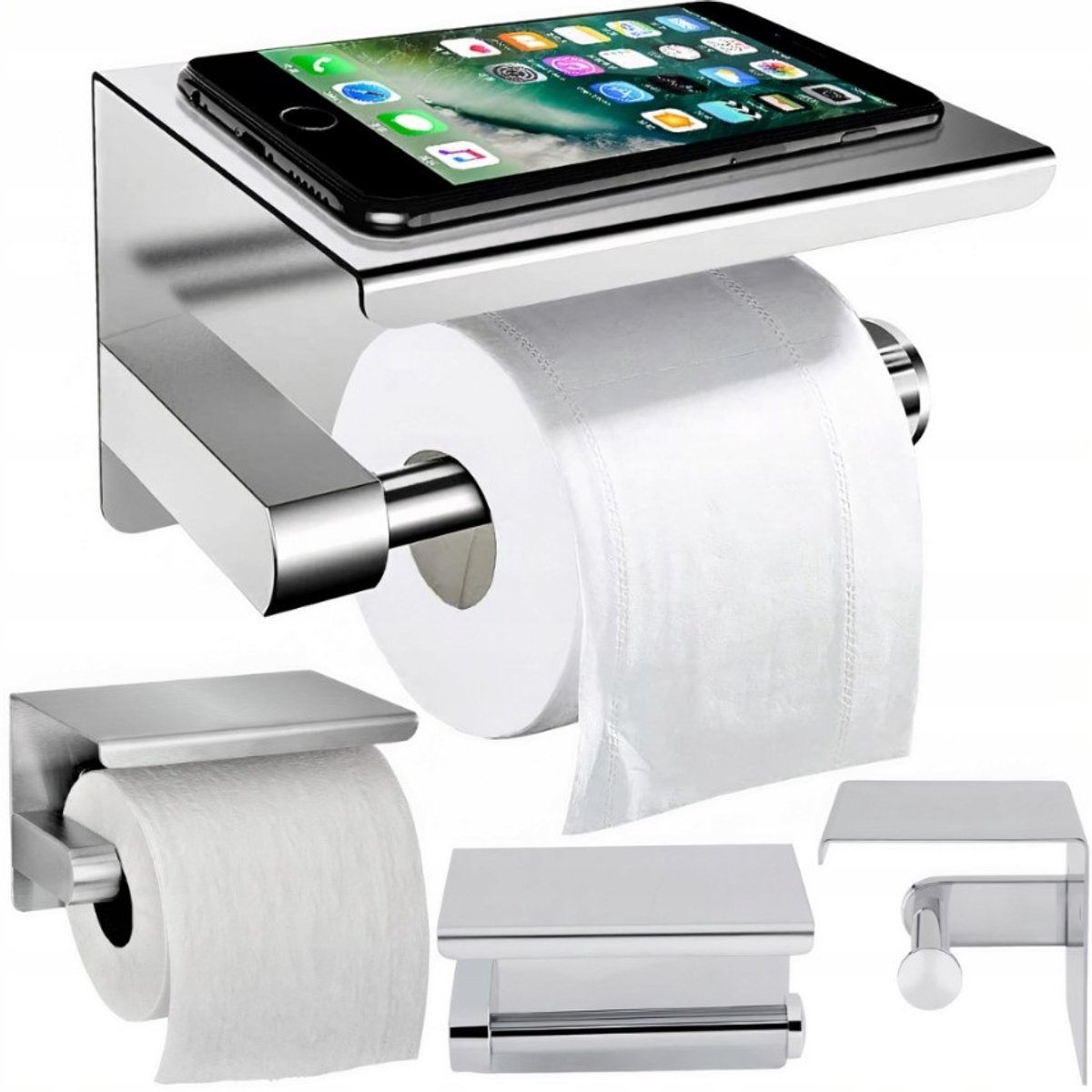 Merkloos Toiletrolhouder met Telefoonplankje - Zilver