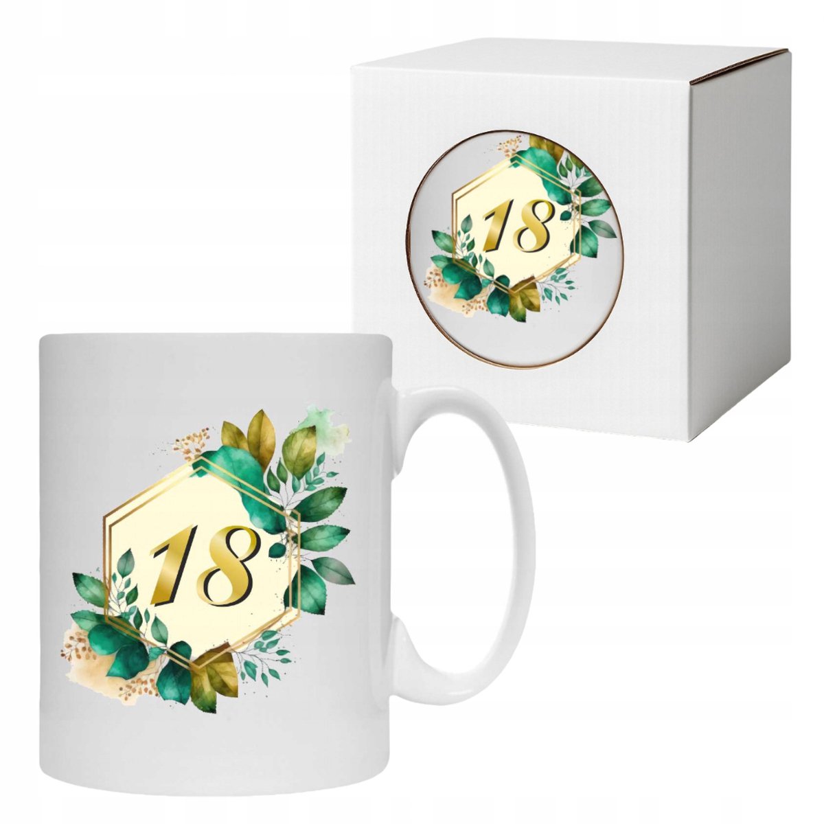Keramische Mok 18e Verjaardag - Groene Bladeren & Gouden Details