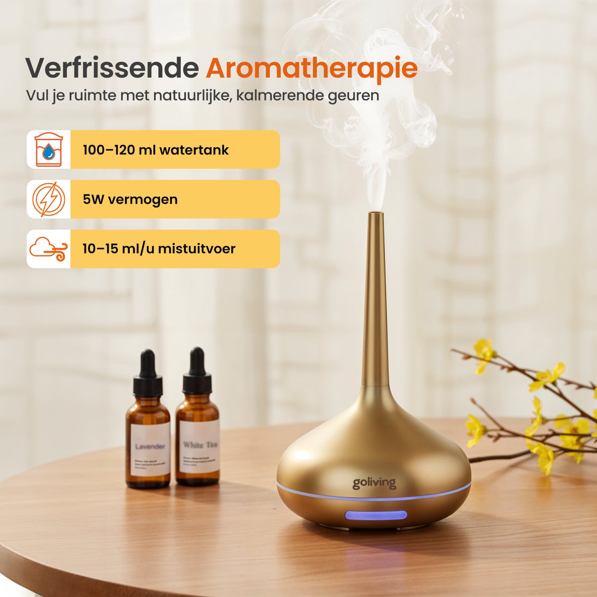 Goliving Aroma Diffuser - Luchtbevochtiger - Aromatherapie - Incl. 2x Etherische Olie - 10 LED kleuren - Geurverspreider - Goud — cadeau in Wonen & Interieur - foto 3