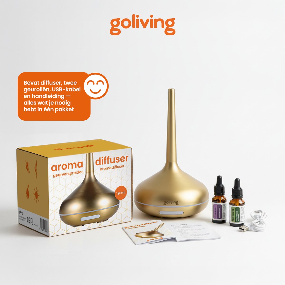 Goliving Aroma Diffuser - Luchtbevochtiger - Aromatherapie - Incl. 2x Etherische Olie - 10 LED kleuren - Geurverspreider - Goud — cadeau in Wonen & Interieur - foto 2