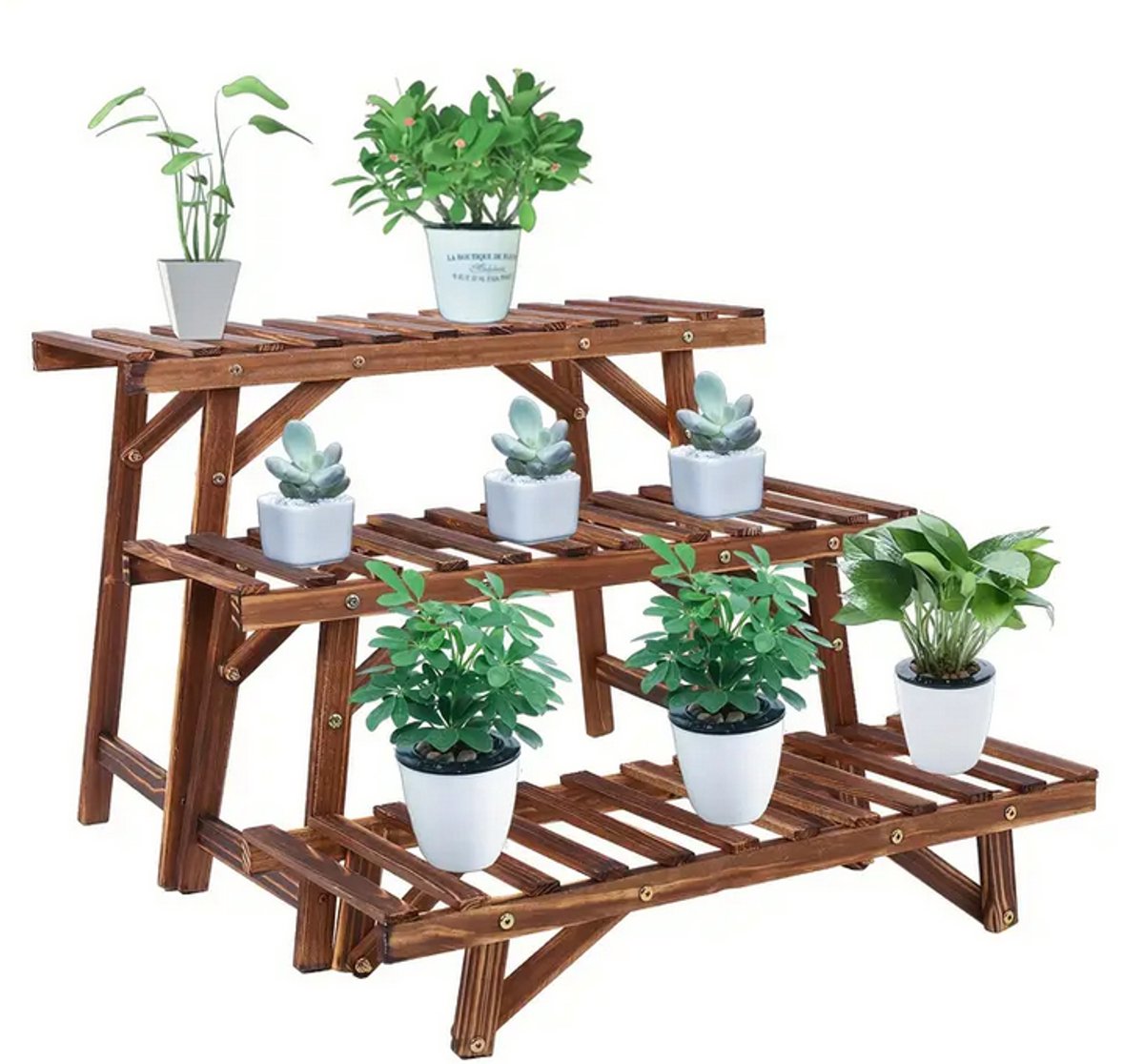Houten plantenrek met 3 lagen – decoratieve plantenstandaard voor binnen en buiten (set van 3)