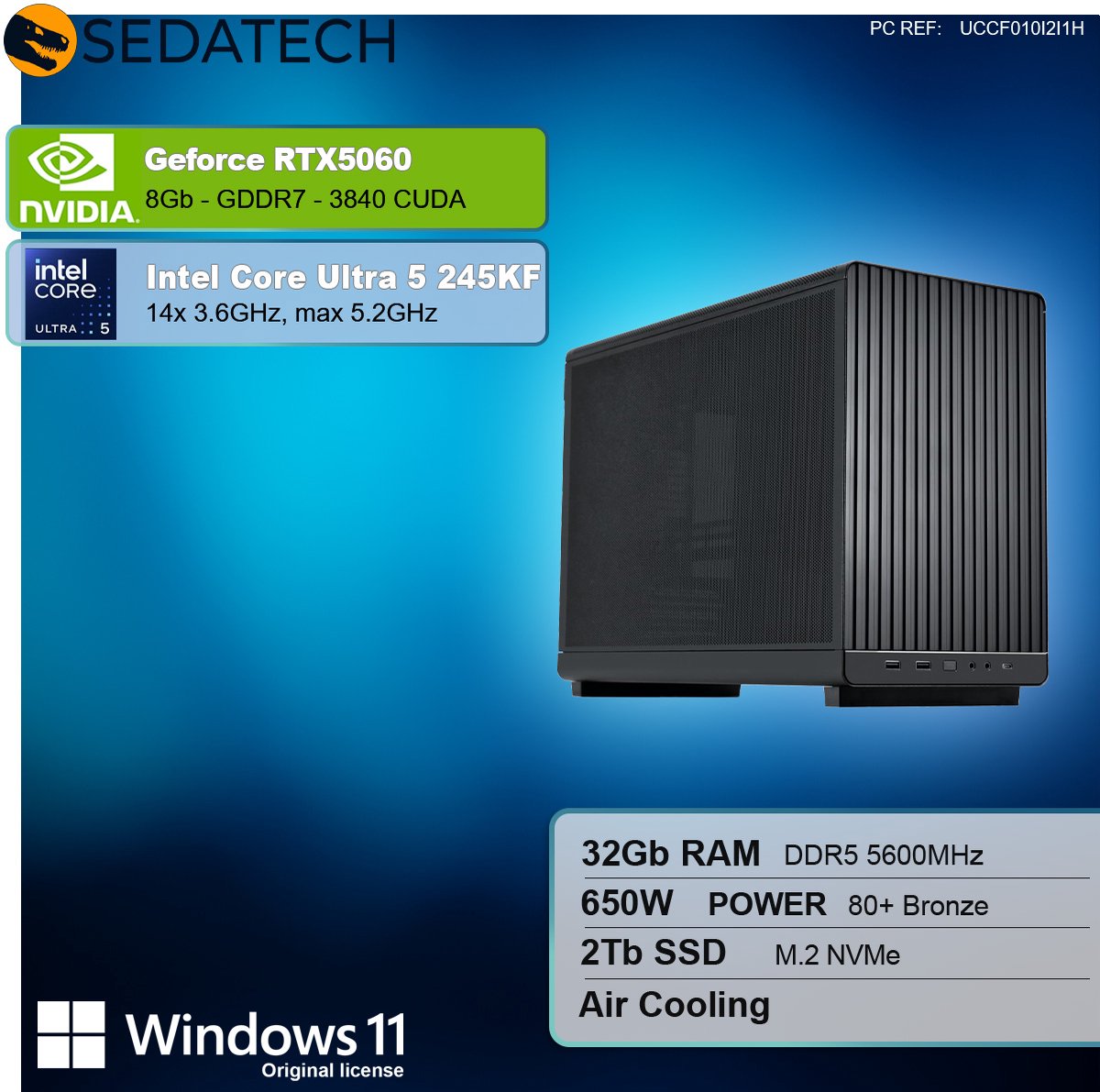 Sedatech Gaming Mini-PC Micro ATX • Intel Core Ultra 5 245KF 14x 3.6GHz • Geforce RTX5060 • 32Gb DDR5 • 2Tb SSD M.2 • WiFi • Bluetooth, USB C • Windows 11 • Desktop computer — afbeelding 3