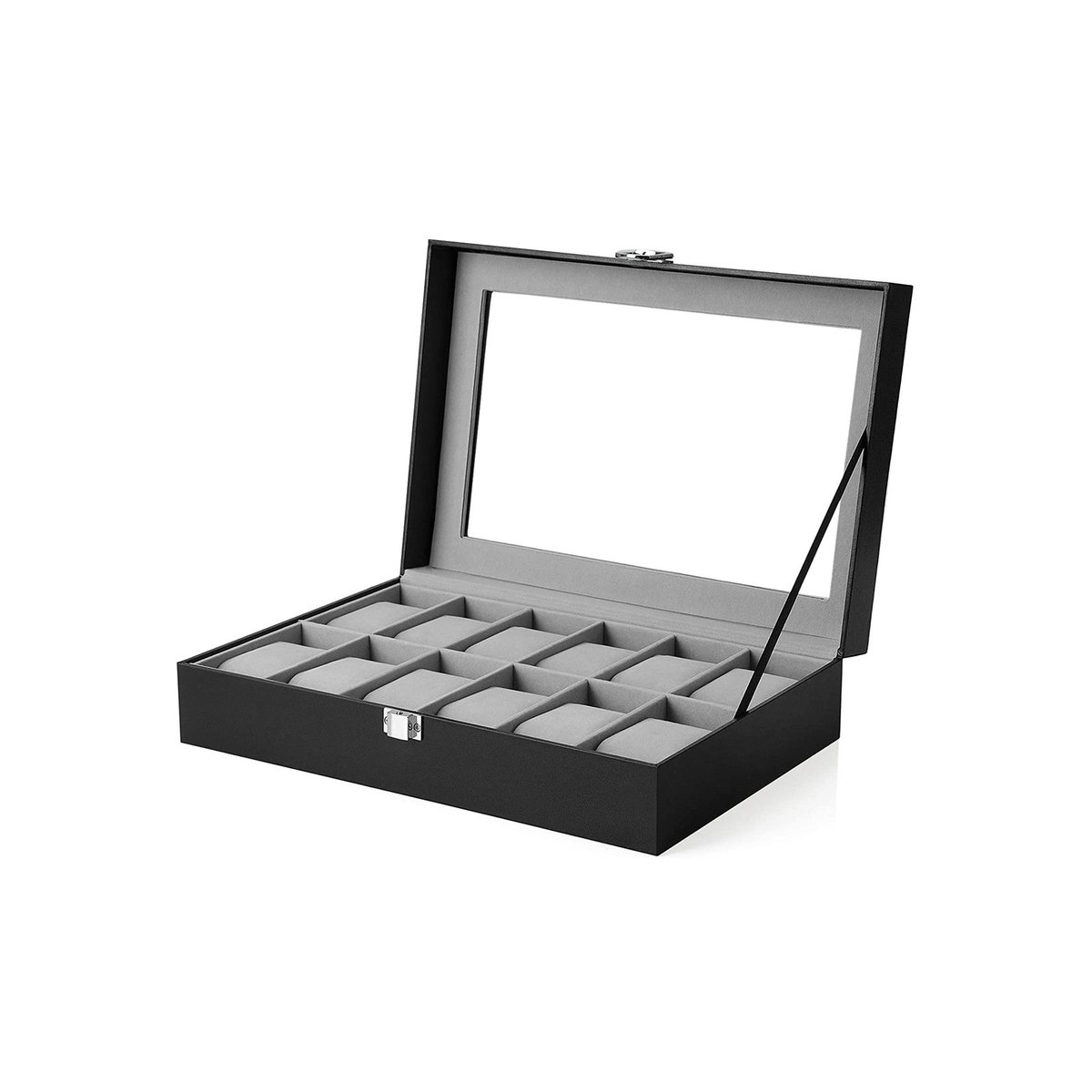 Horlogedoos Sieradendoos Horlogedisplaydoos 30,2x20,2x8,1 Cm Zwart Grijs Metalen Sluiting Glazen Deksel 12 Vakjes Afneembare Horlogekussentjes Slaapkamer Dressoir Toiletspiegel