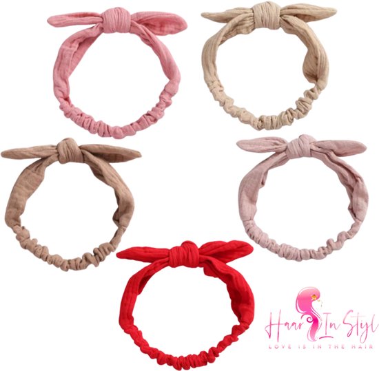 Haarband Hafsa 5 pack Beige Khaki Poederroze Rood Roze - Smalle en zachte baby haarband van hydrofiele stof met een strikje | haaraccessoires voor meisjes kinderen babies cadeauset