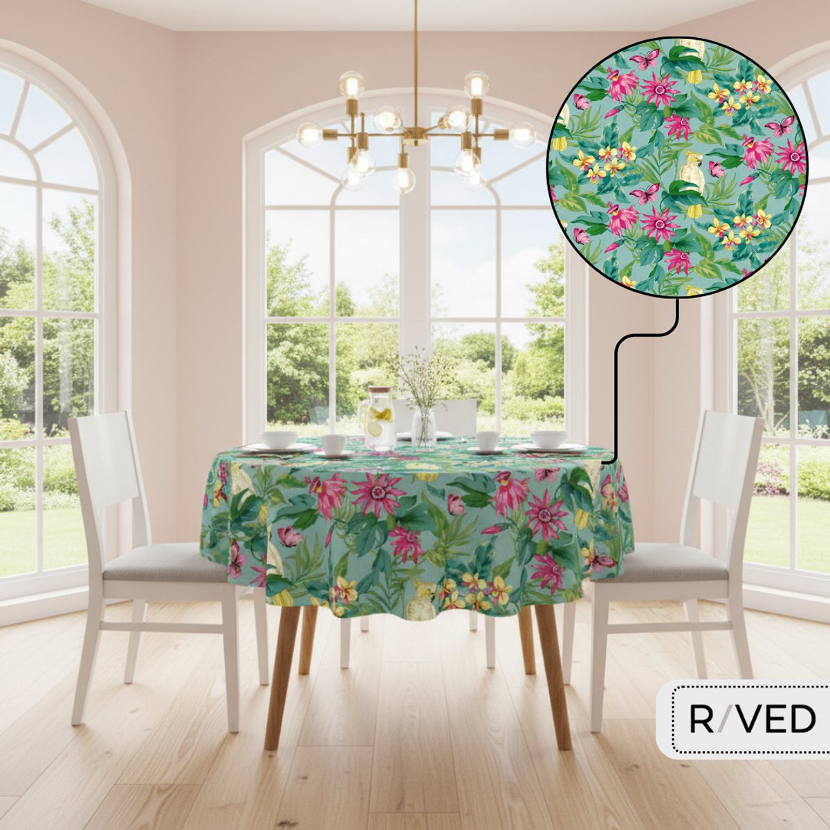 Raved Rond Tafelzeil – 140 cm ø – Jungle Roze – PVC – Afwasbaar – Tropisch Design