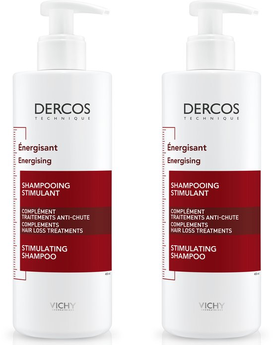 Twee flessen Dercos Energising Stimulating Shampoo met pompdispenser, 400 ml.