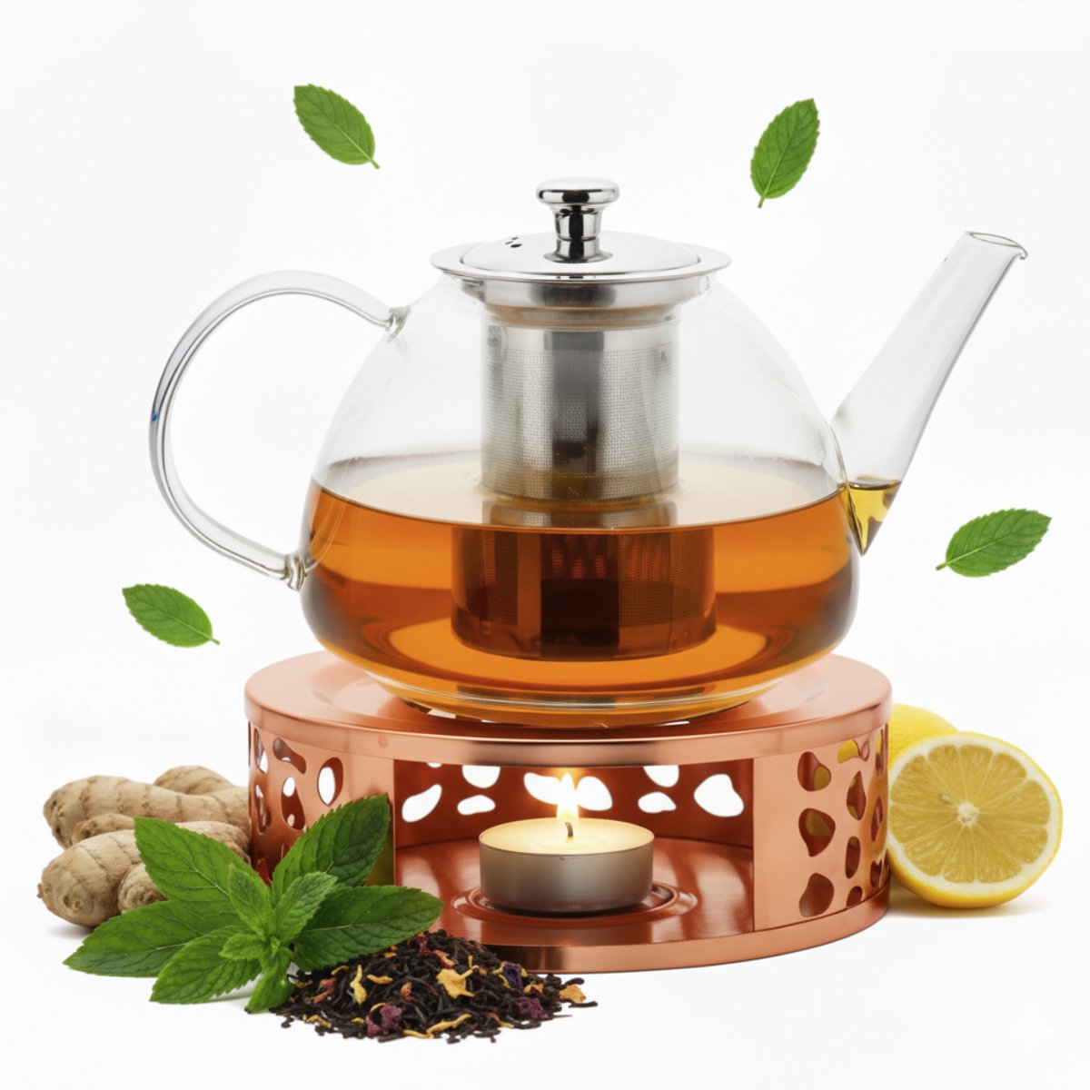 Vaja Glazen Theepot Fay 1 Liter met Filter en Warmhouder - Theepot Glas voor Losse Thee en Theebloemen - Tea Maker - Theelicht houder voor Theekan met Zeef - Infuser - Warmer - Rose