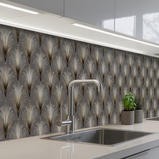 Keuken achterwand 300x80 cm - Spatscherm zelfklevend Waaierstralen - Goud - Antraciet - Muurbeschermer - Spatwand fornuis