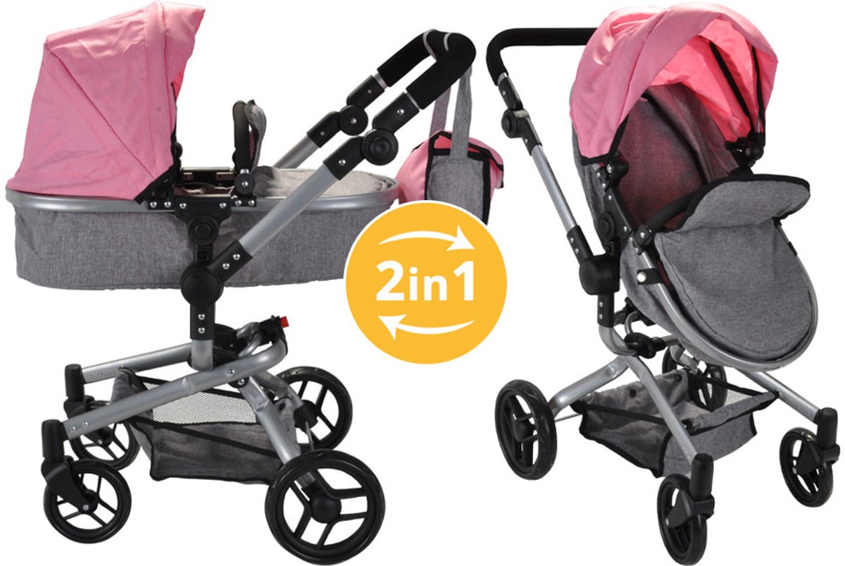 Bol.com Bandits & Angels Poppenwagen Roze Modern Angel 2in1 Lichtroze vanaf 3 jaar - Poppenbuggy - Voor Meisjes - Verstelbare Du... aanbieding