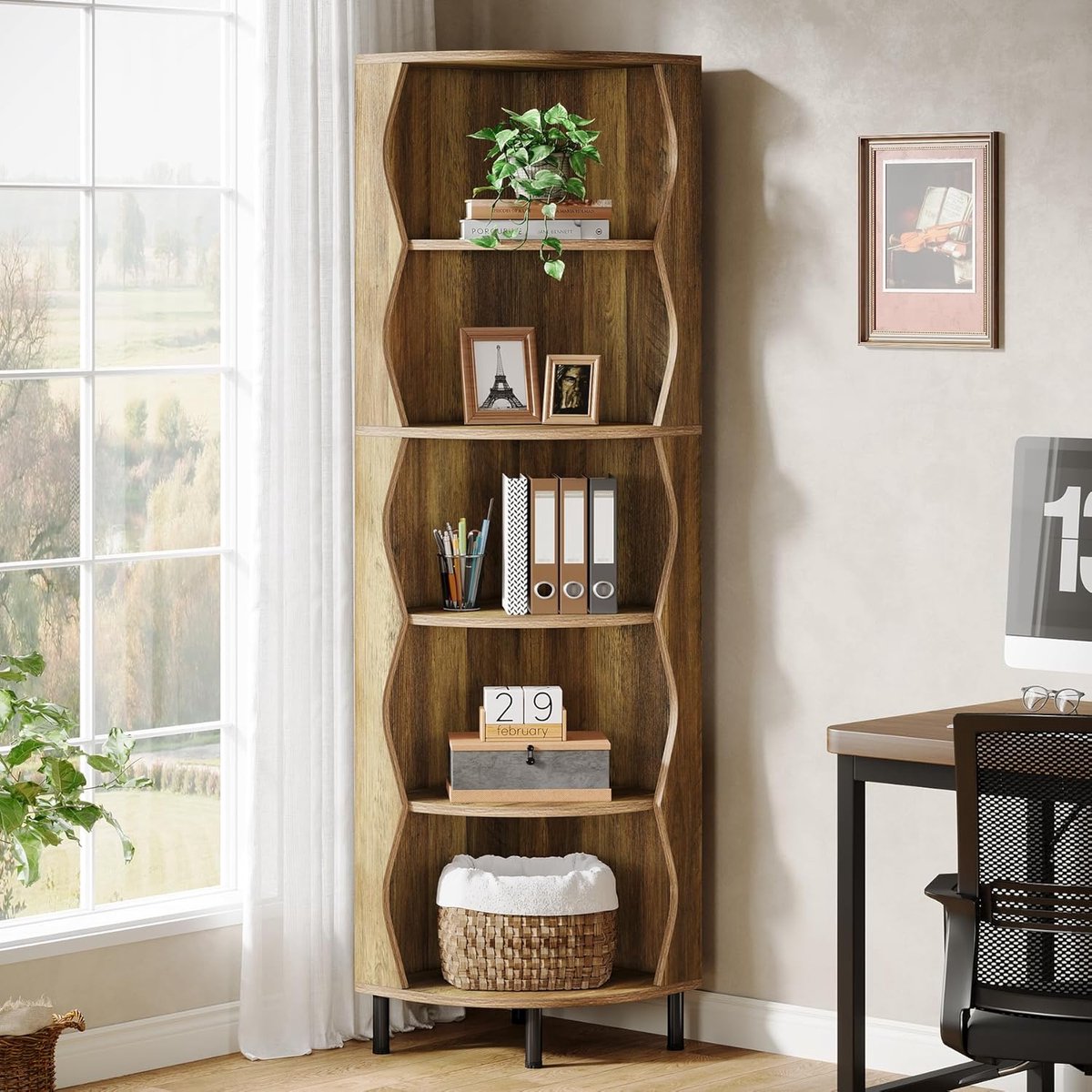 Tribesigns - Boekenkast - Hoek Boekenkast met 5 Planken - Plantenstandaard voor Kleine Ruimtes, Woonkamer, Slaapkamer, Keuken - Marron - 45 x 45 x 182 cm