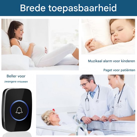 Draadloze deurbelset zwart IP44 waterbestendig, groot bereik en instelbaar volume, eenvoudig te installeren voor binnen, voordeur en tuin — afbeelding 4
