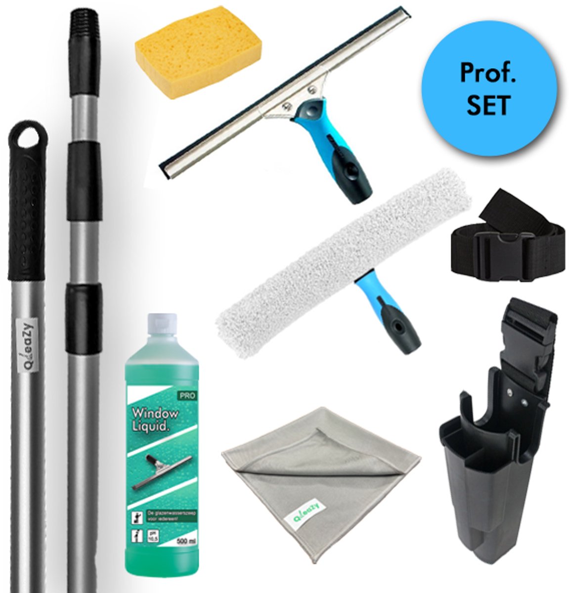 Moerman Classic RVS All-IN-ONE Professionele Glasreinigingsset - Telescoopsteel 4m, Raamtrekker, Inwasser, Bucket+Riem, Glasdoek, Window Liquid. & Azella Spons