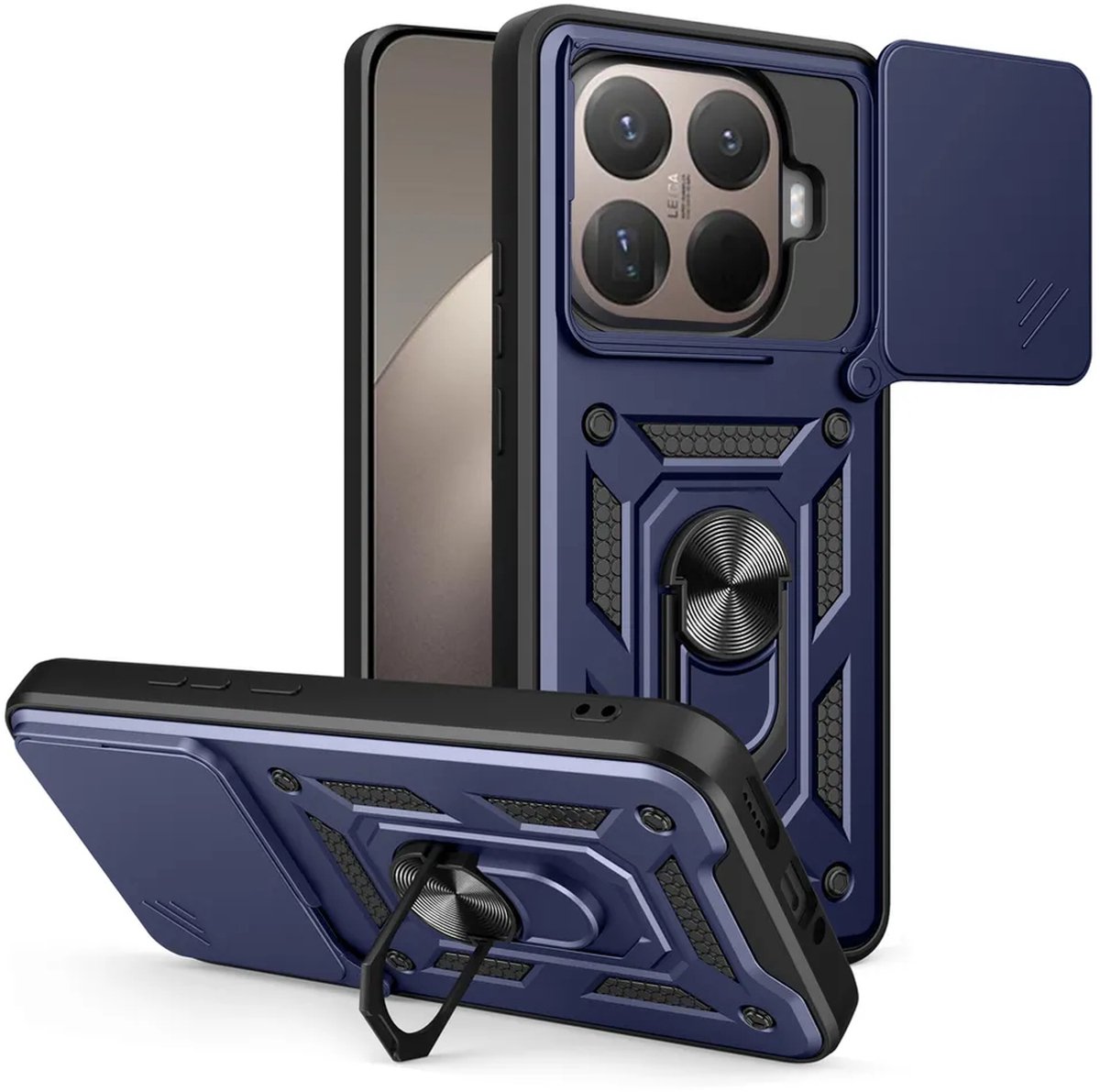 MobyDefend Hoesje - Geschikt voor Xiaomi 15T Pro - Pantsercase Met Draaibare Ring - Blauw