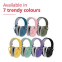 Zeven kleuren Alpine Muffy gehoorbeschermers voor kinderen, waaronder blauw, roze, groen, geel, mint, paars en zwart.