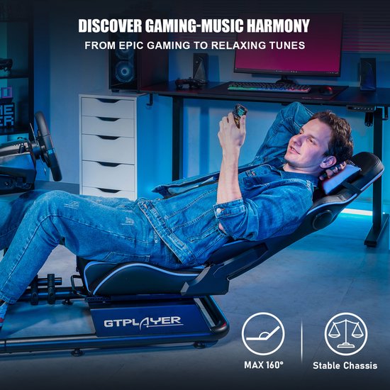 Racestoel, Simulator Cockpit, SIM Racing Cockpit, racesimulator stuurwielstandaard met luidsprekers, stuurwiel en pedaalsteun, Blauw van Woltu — afbeelding 4