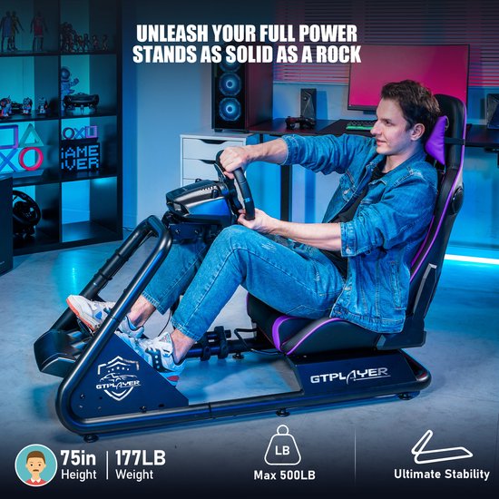 Racestoel, Simulator Cockpit, SIM Racing Cockpit, racesimulator stuurwielstandaard met luidsprekers, stuurwiel en pedaalsteun, Paars van Vevor — afbeelding 2