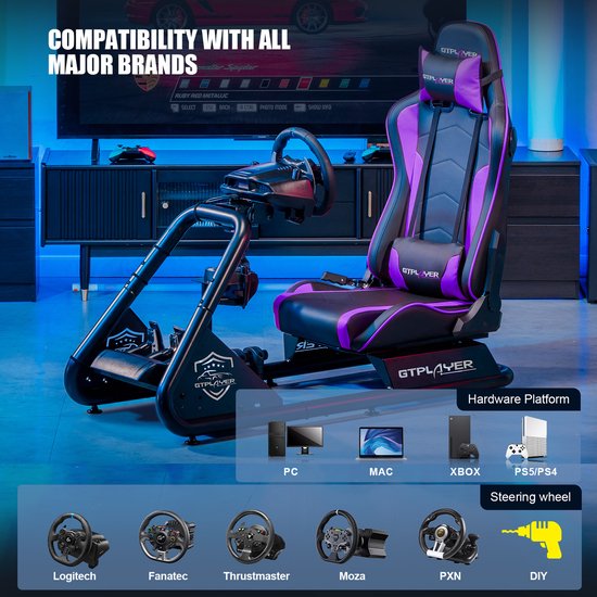 Racestoel, Simulator Cockpit, SIM Racing Cockpit, racesimulator stuurwielstandaard met luidsprekers, stuurwiel en pedaalsteun, Paars van Vevor — afbeelding 5