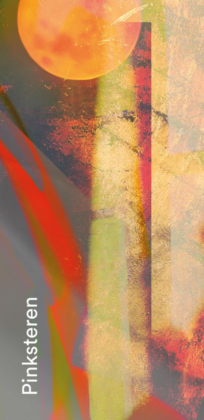 Abstracte afbeelding met warme kleuren, tekst 'Pinksteren'.