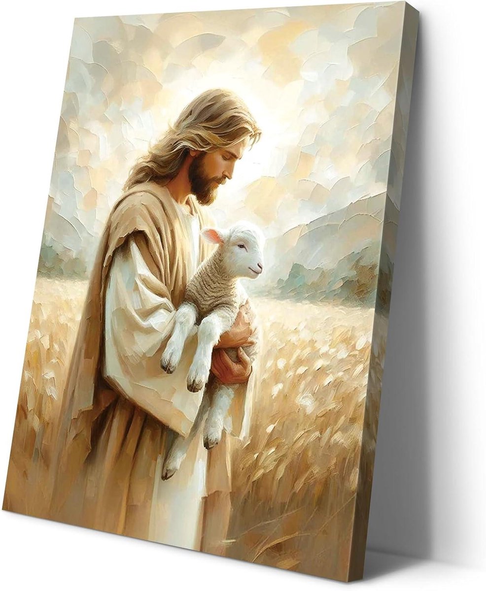 Provento - Christelijke muurkunst canvas prints voor gebedskamer - 30 x 40 cm - Doop decor met Jezus en lam - Sereniteit en gebedsstudio.