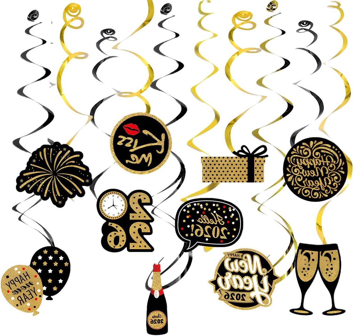 Provento - Oud en Nieuw Feest Decoraties Set: Hangspiralen in Zwart en Goud, 10 Stuks. Voor Binnen en Buiten Gebruik met Happy New Year 2026 Thema.