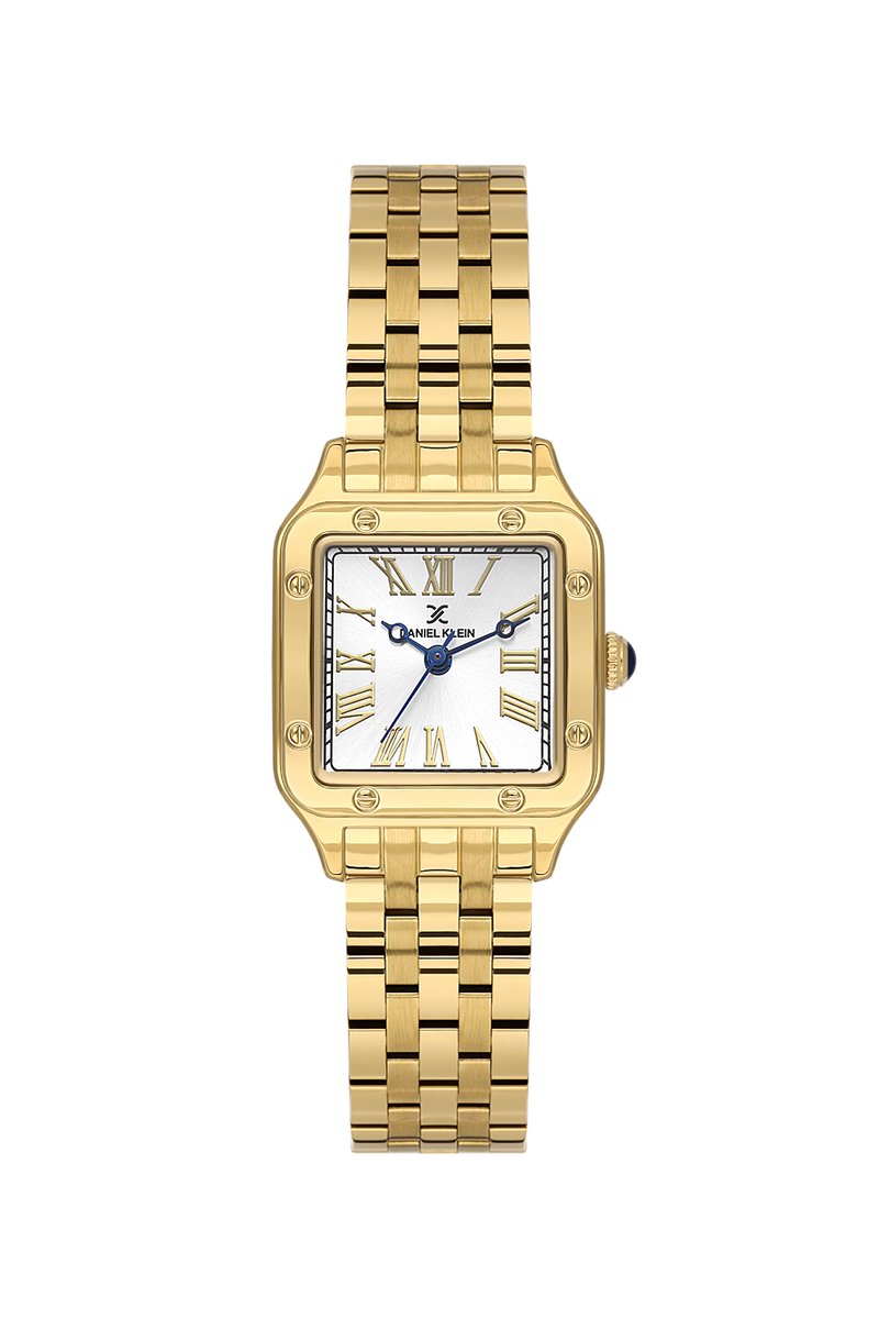Daniel Klein DK.1.14104-3 - Horloge - Polshorloge - Analoog - Dames - Vrouwen - Vierkant - Stalen band - Metaal - Romeinse cijfers - Rechthoeken - Bolletjes - Goudkleurig - Wit - Zwart - Donkerblauw