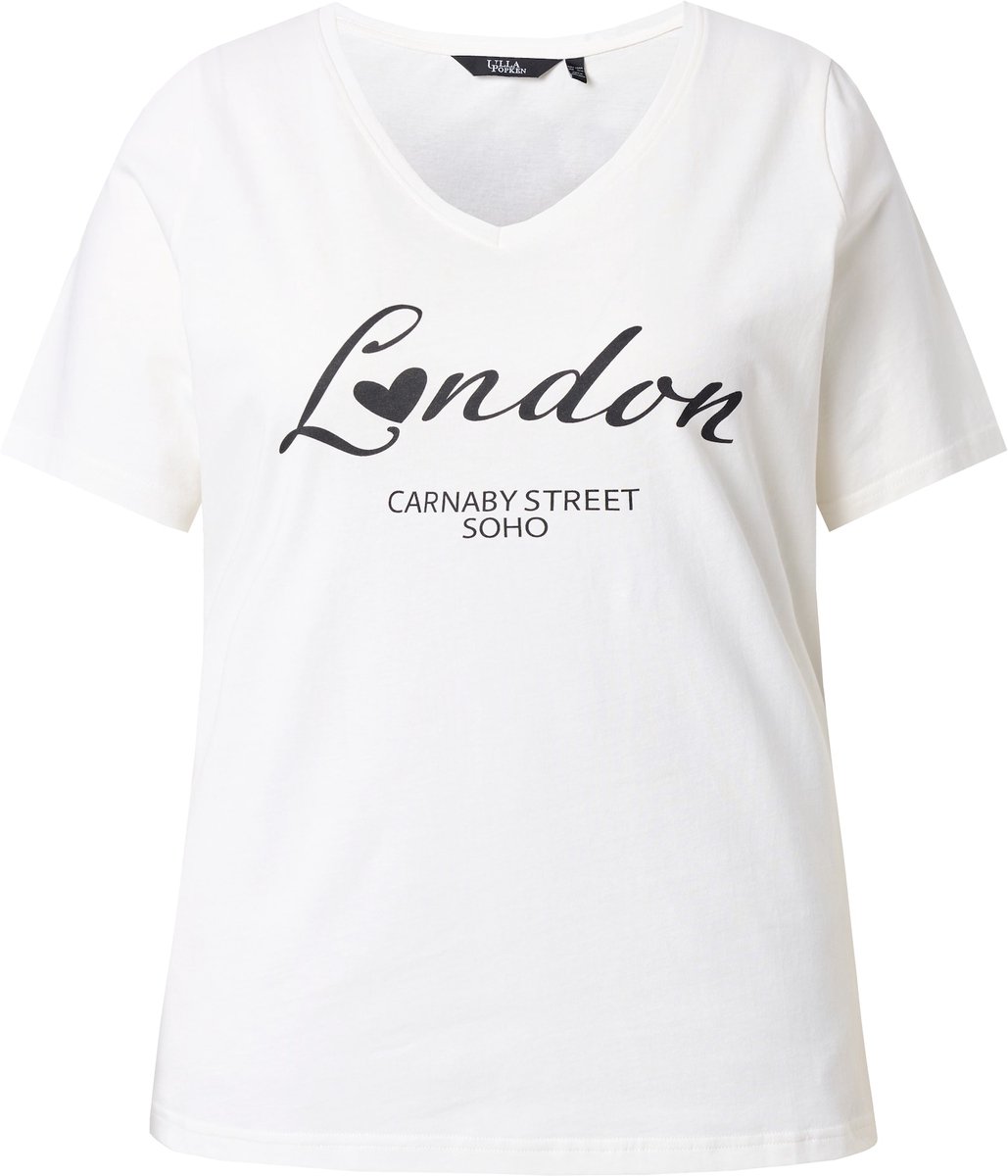 Ulla Popken - Dames - T-shirt City-tekst Slim V-hals korte mouwen - Off-white - Maat 50+