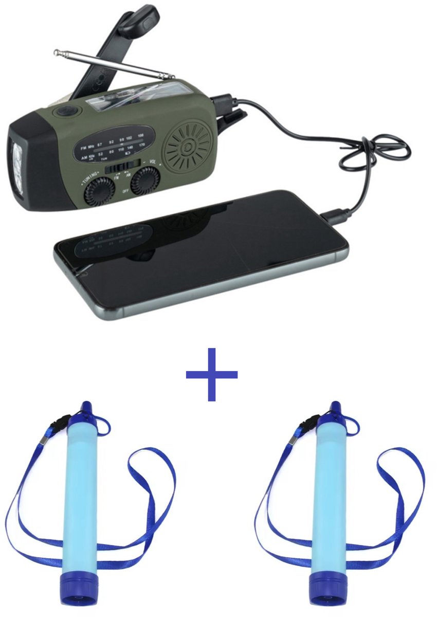 3-delig Noodpakket – Noodradio plus 2 Waterfiltersets - Filter tot 3000 liter water - Opwindbare Radio - Survivalset - Rampen