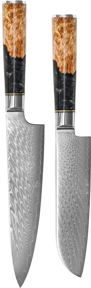 Shinrai Knives - Epoxy Onyx 2-delige Damascus Messenset - Koksmes + Santoku mes